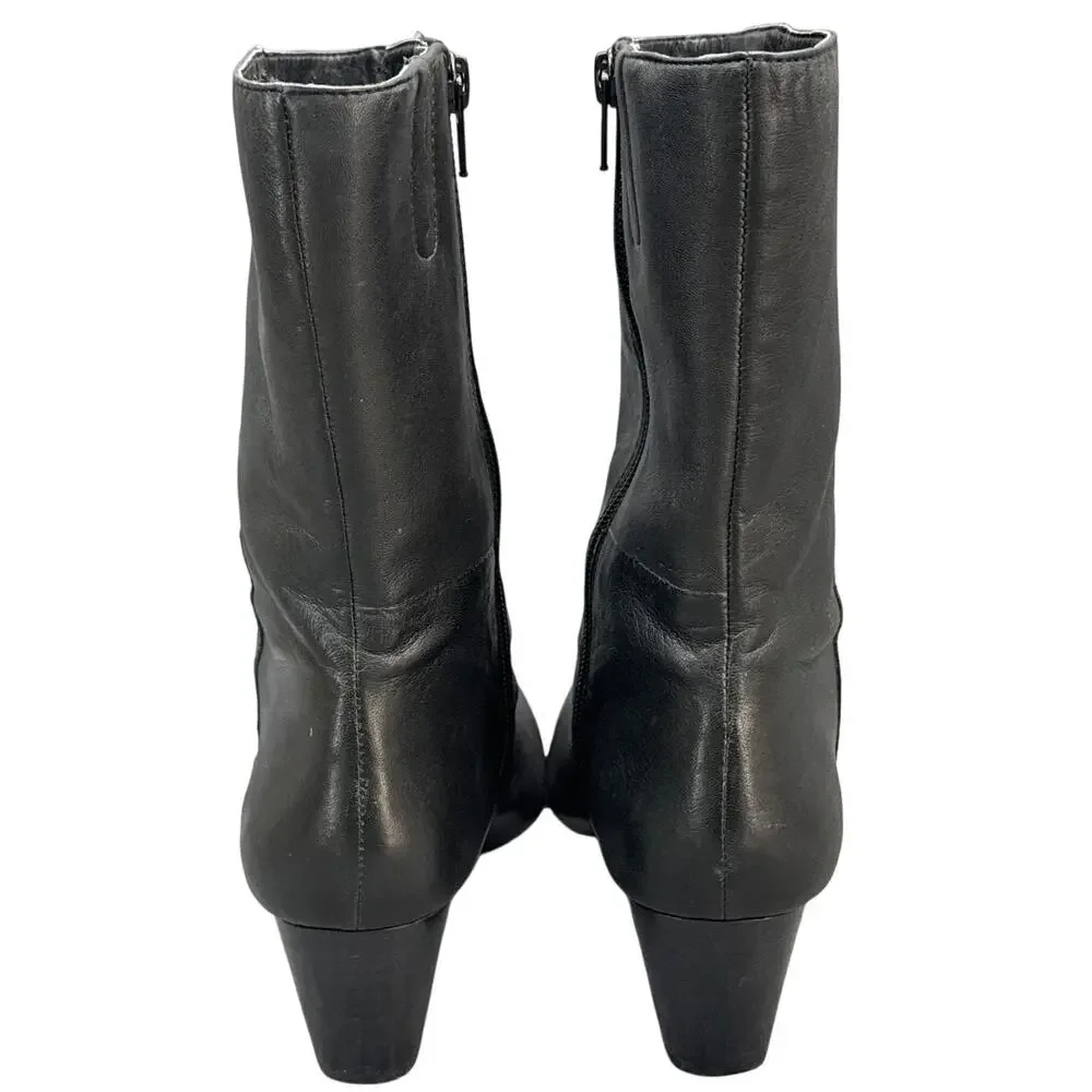 Antonio Melani Black Leather Block Heel Side Zip Ankle Boot Women 8